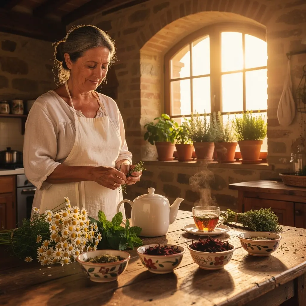 Infusione di tè alle erbe con fette di limone e menta fresca.