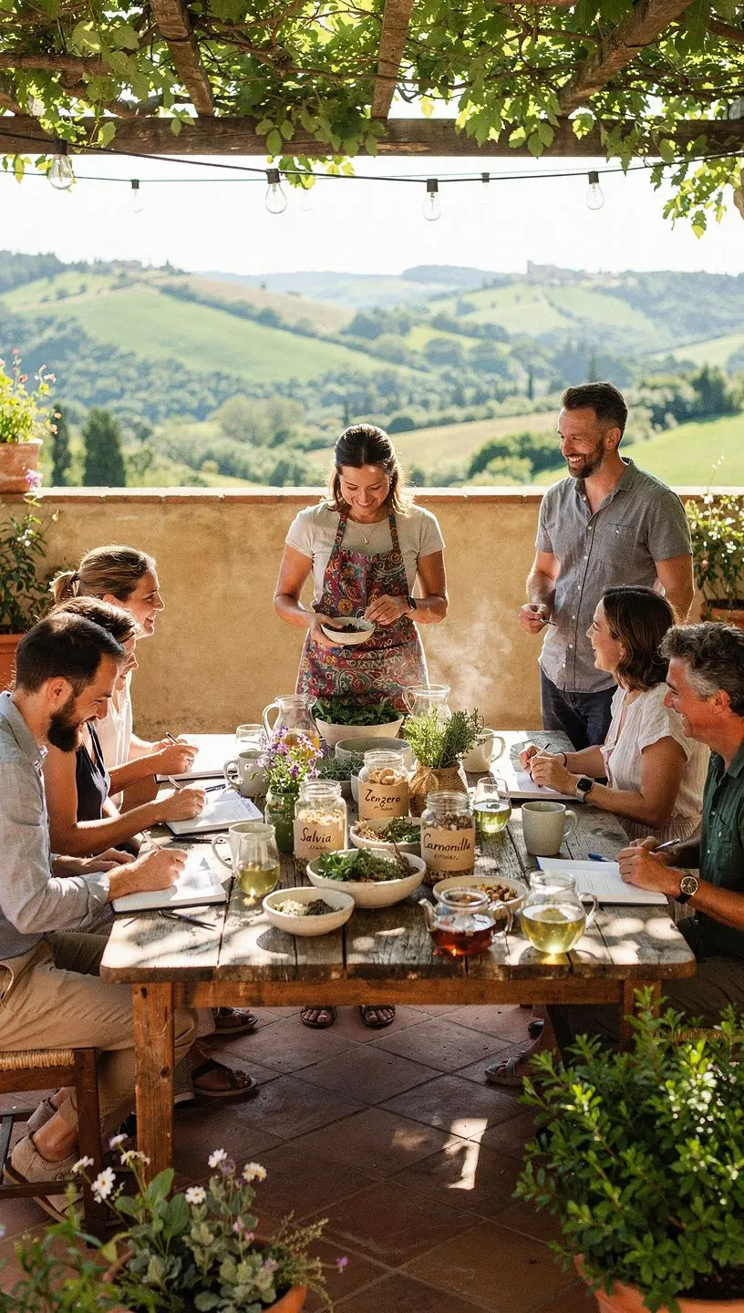 Un libro di ricette per tè alle erbe aperto su un tavolo.