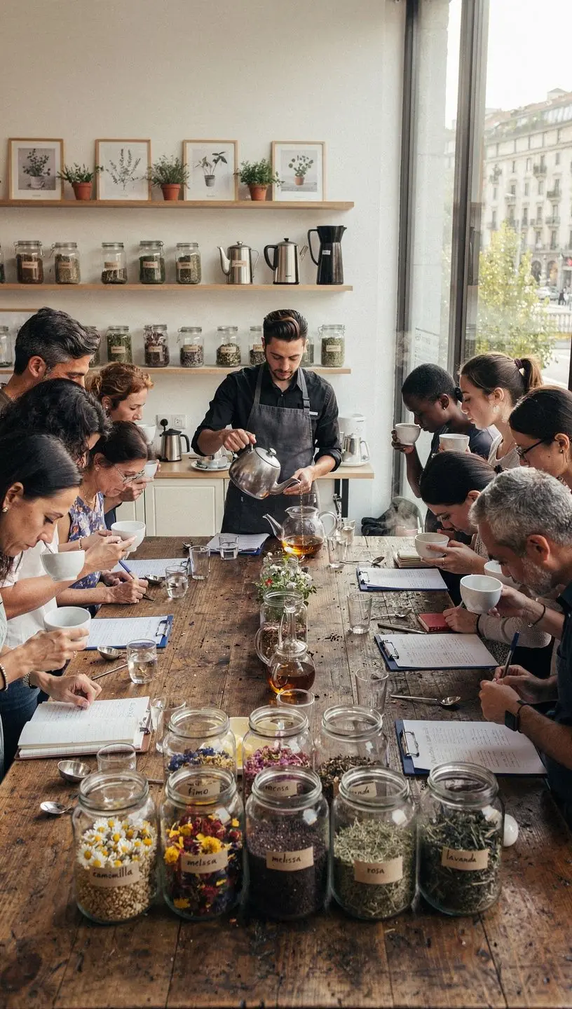 Tazza di tè alle erbe con fumi aromatici che si sollevano.